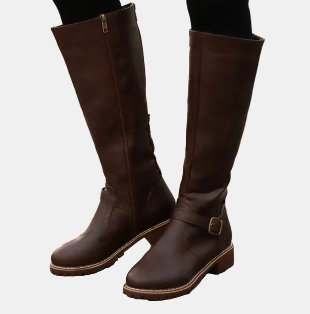 Edith — Buckled Knee High Boots with Block Heel, Moraine Fashion
