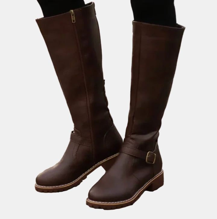 Edith — Buckled Knee High Boots with Block Heel, Moraine Fashion