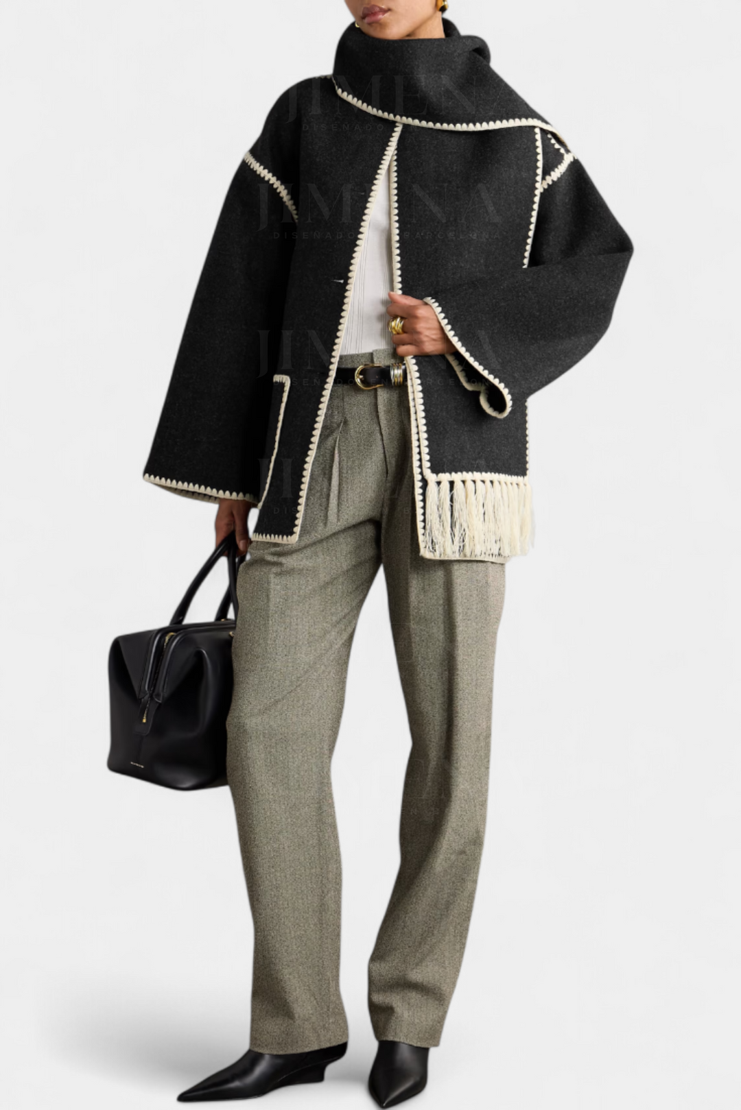 Wool Blend Coat with Fringe Trim Scarf for women — view 14 — Moraine Fashion