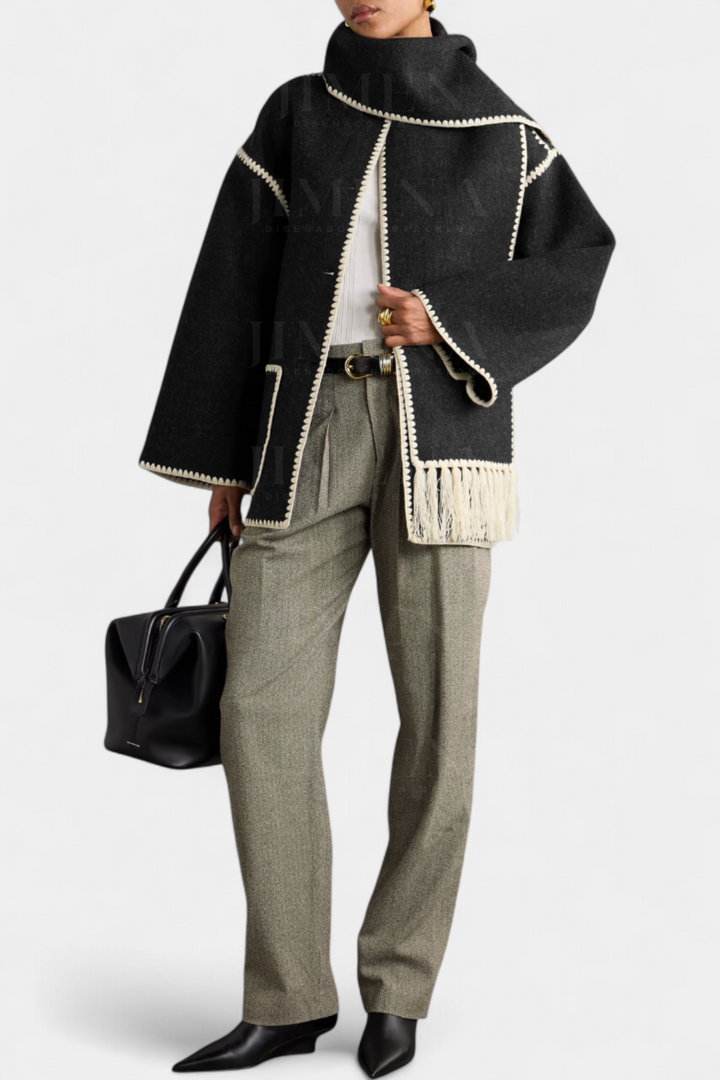 Wool Blend Coat with Fringe Trim Scarf for women — view 14 — Moraine Fashion
