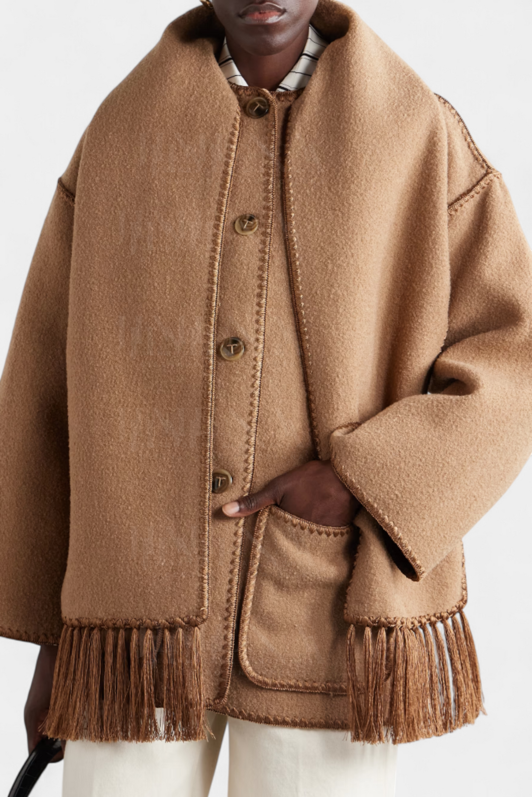 Wool Blend Coat with Fringe Trim Scarf for women — view 2 — Moraine Fashion