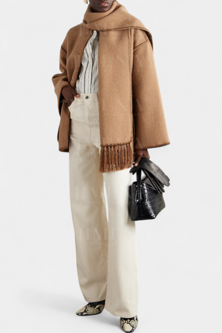 Wool Blend Coat with Fringe Trim Scarf for women — Moraine Fashion