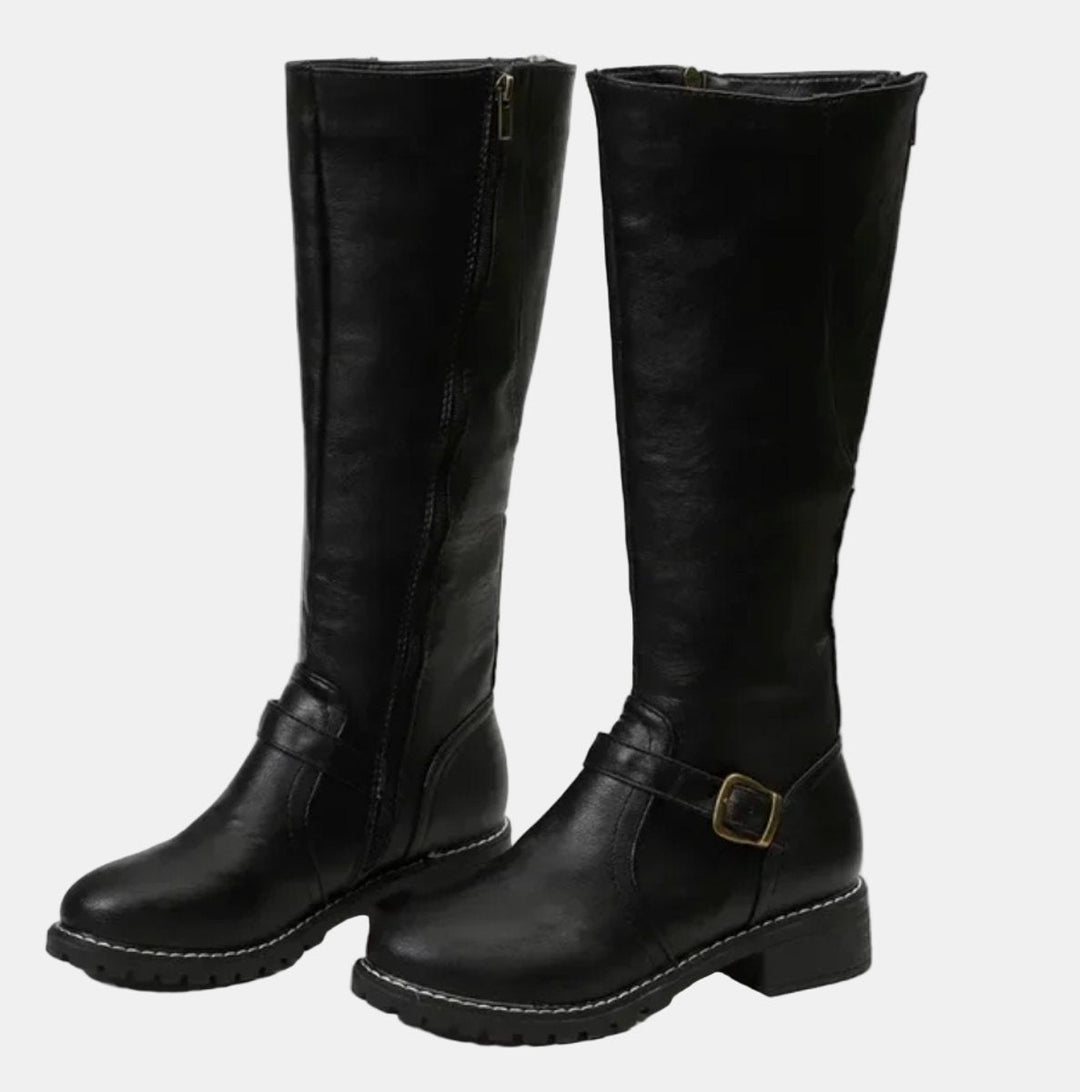 Edith — Buckled Knee High Boots with Block Heel, Moraine Fashion
