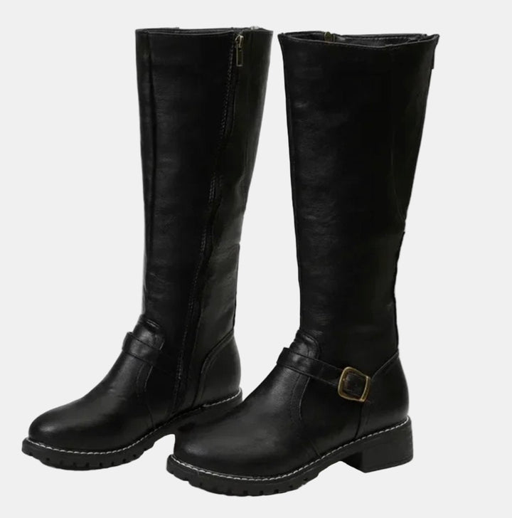 Edith — Buckled Knee High Boots with Block Heel, Moraine Fashion