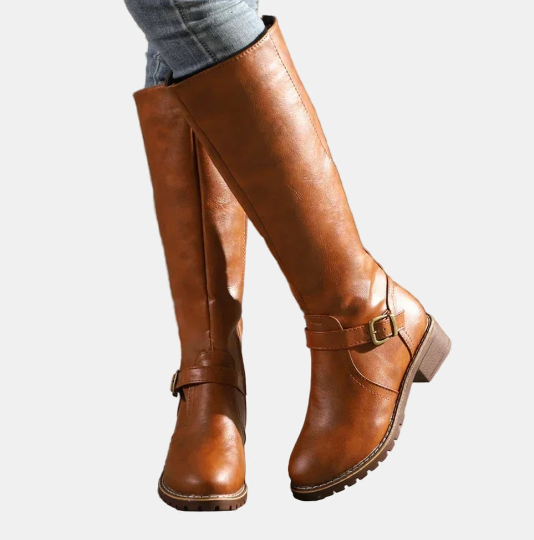 Edith — Buckled Knee High Boots with Block Heel, Moraine Fashion