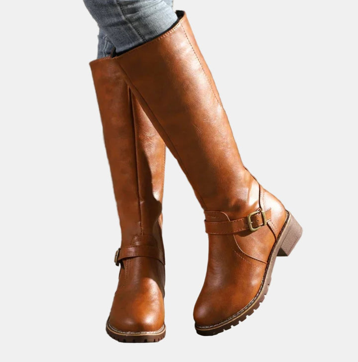 Edith — Buckled Knee High Boots with Block Heel, Moraine Fashion