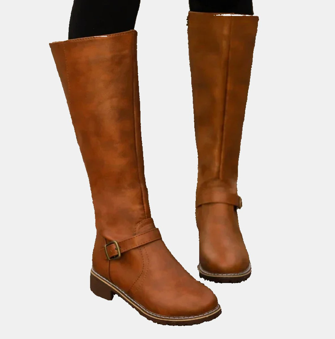 Edith — Buckled Knee High Boots with Block Heel, Moraine Fashion