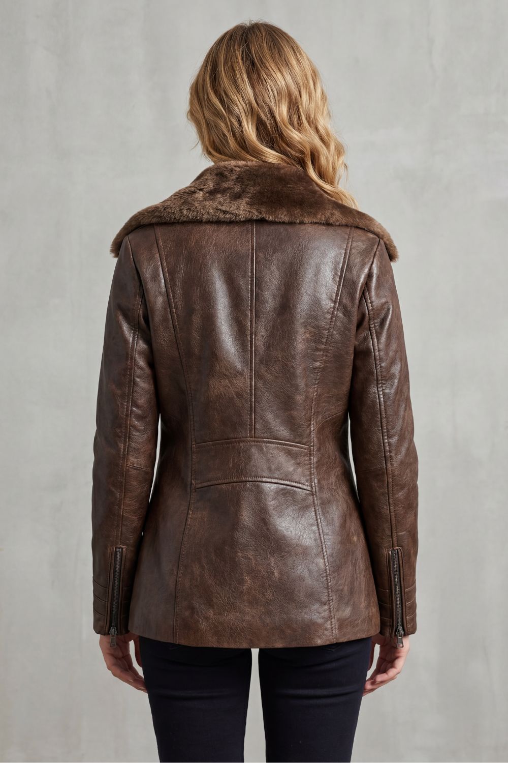 Brown Leather Jacket with Shearling Collar for women — view 4 — Moraine Fashion