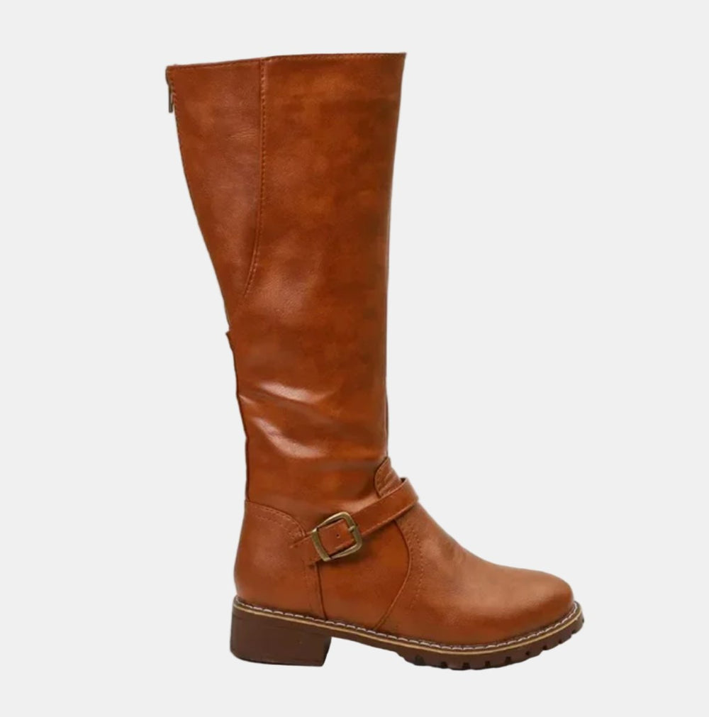 Edith — Buckled Knee High Boots with Block Heel, Moraine Fashion