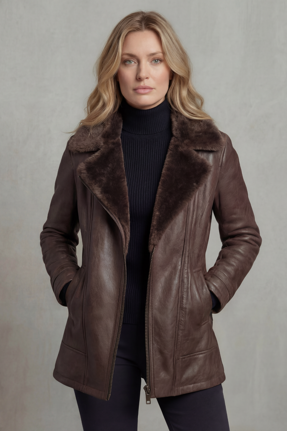 Brown Leather Jacket with Shearling Collar for women — view 2 — Moraine Fashion