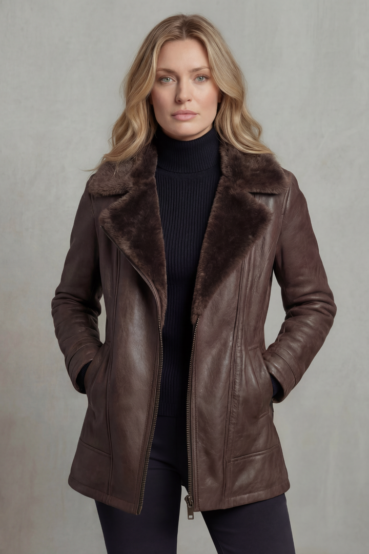 Brown Leather Jacket with Shearling Collar for women — view 2 — Moraine Fashion