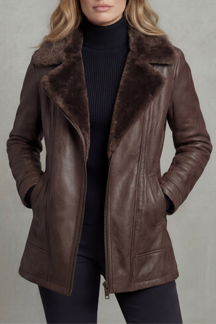 Brown Leather Jacket with Shearling Collar for women in brown — Moraine Fashion
