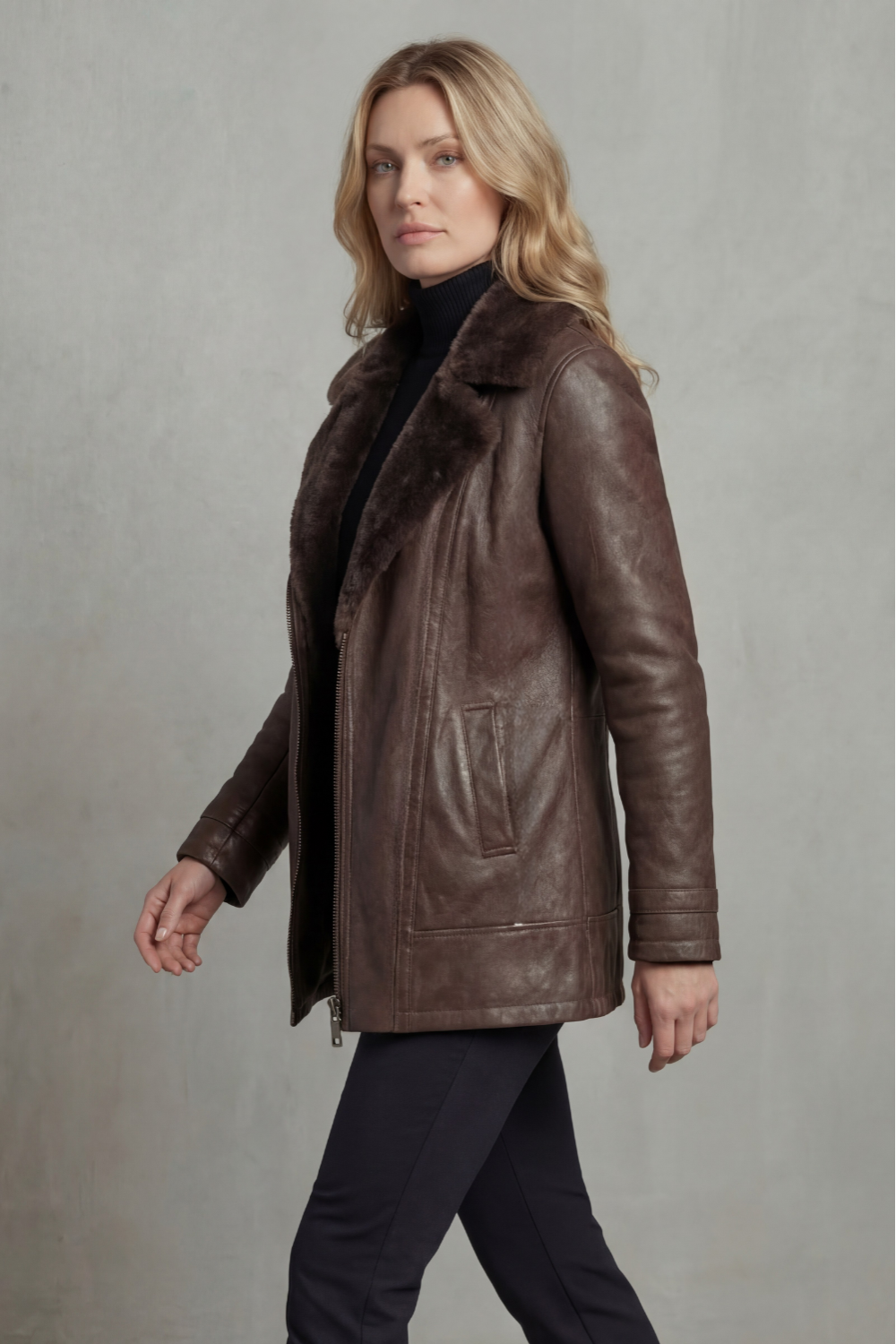 Brown Leather Jacket with Shearling Collar for women — view 3 — Moraine Fashion