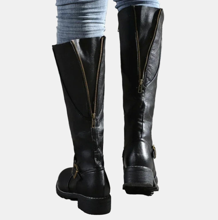 Edith — Buckled Knee High Boots with Block Heel, Moraine Fashion
