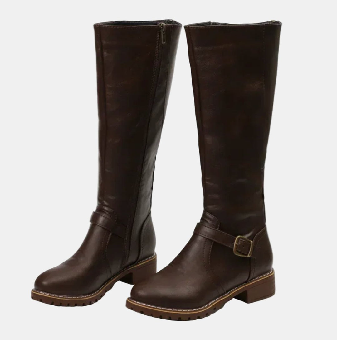 Edith — Buckled Knee High Boots with Block Heel, Moraine Fashion