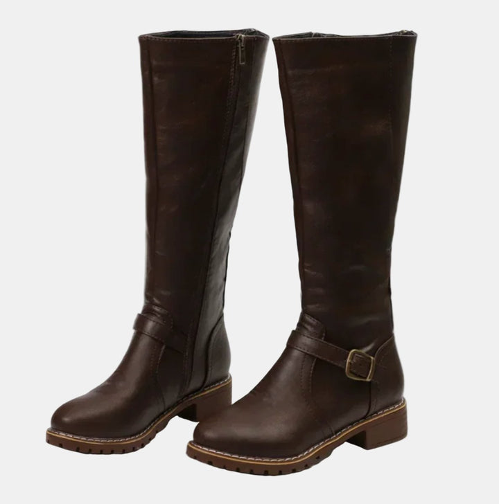 Edith — Buckled Knee High Boots with Block Heel, Moraine Fashion