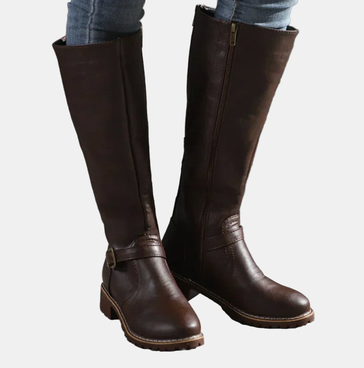 Edith — Buckled Knee High Boots with Block Heel, Moraine Fashion