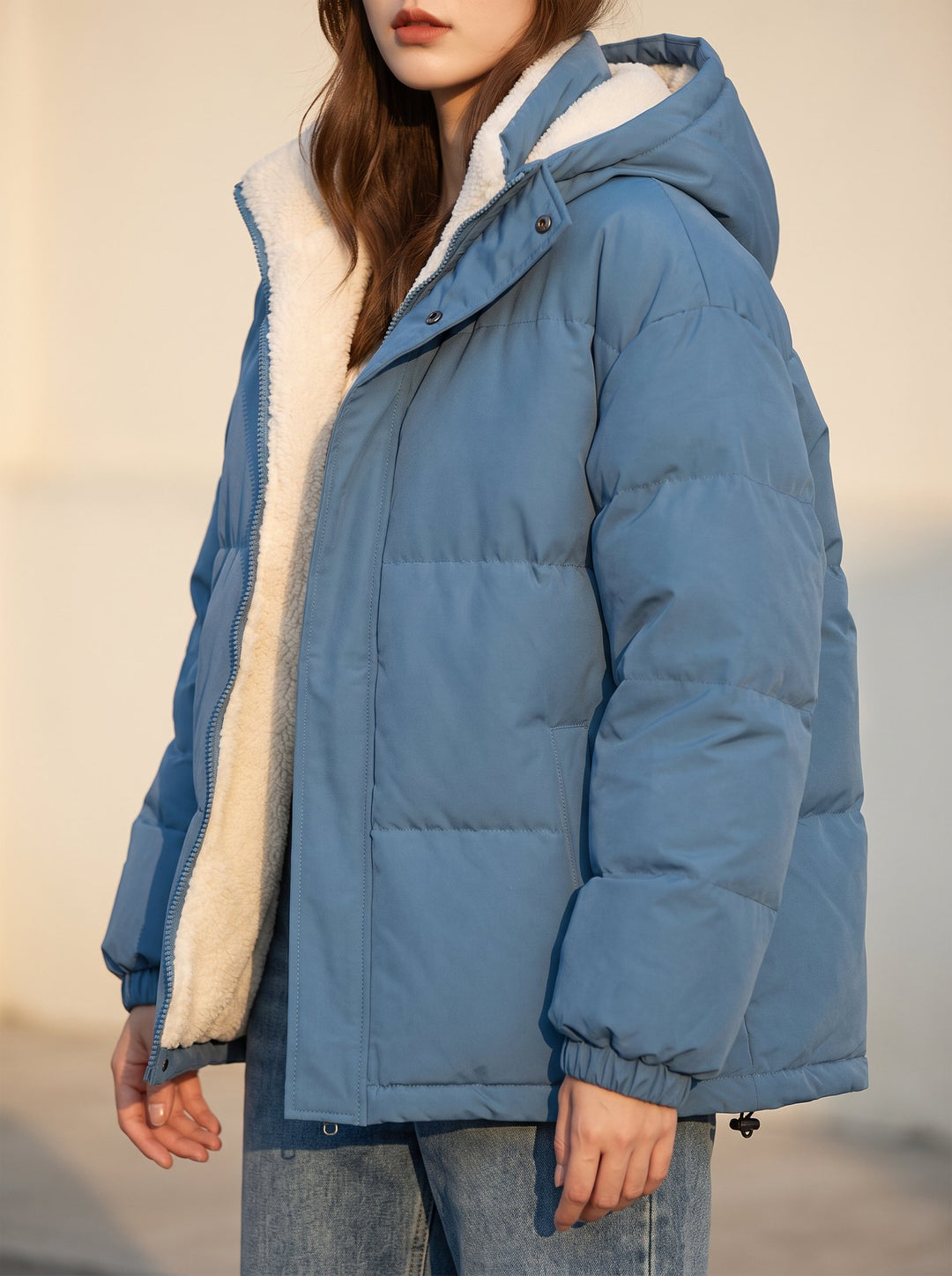 Fleece lined hooded puffer jacket for women