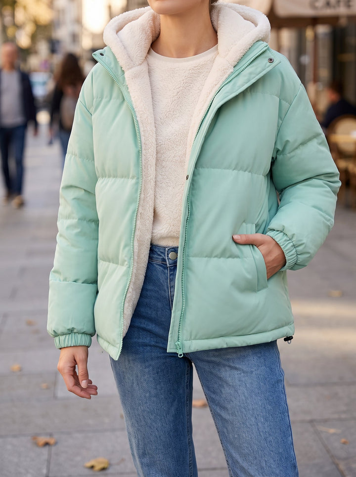Fleece lined hooded puffer jacket for women