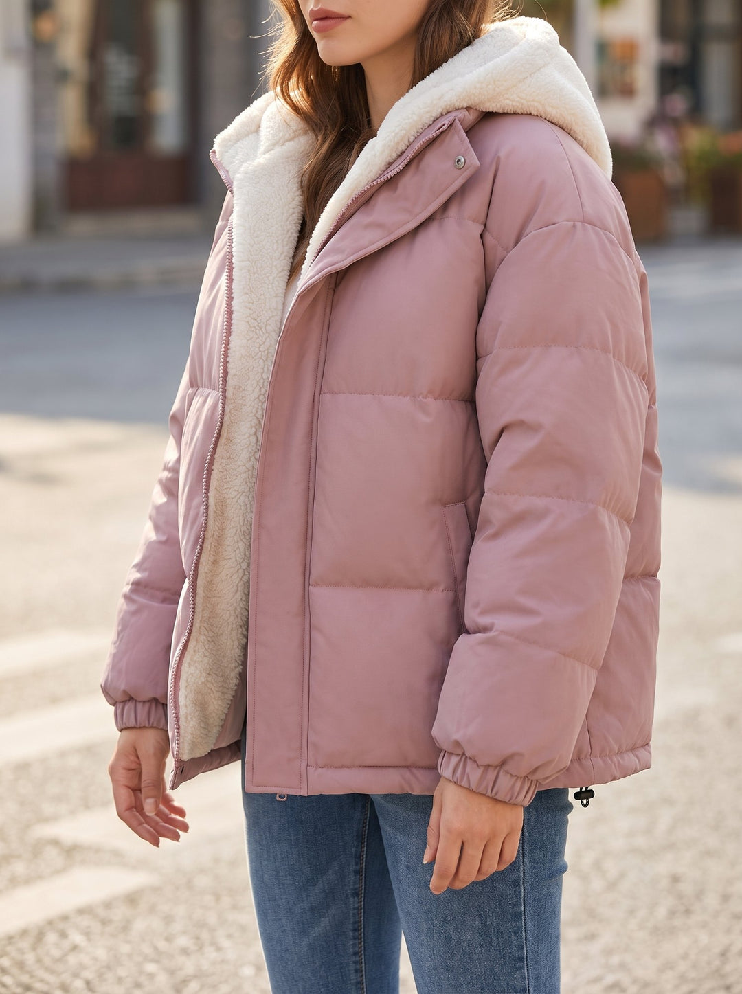 Fleece lined hooded puffer jacket for women