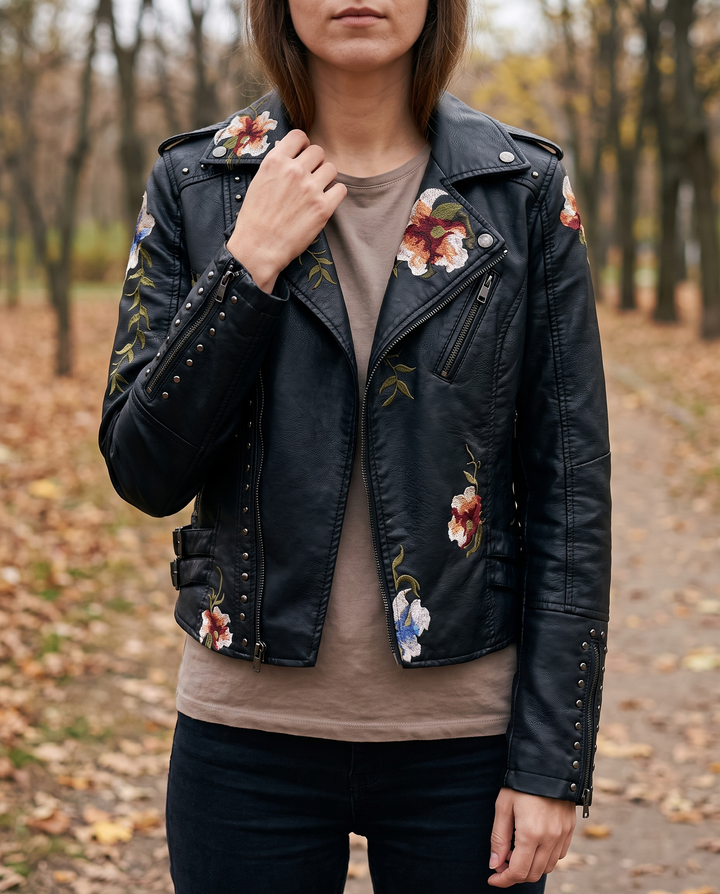 Black Leather Jacket with Floral Detail for women — Moraine Fashion