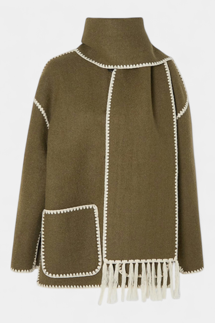 Wool Blend Coat with Fringe Trim Scarf for women — view 5 — Moraine Fashion