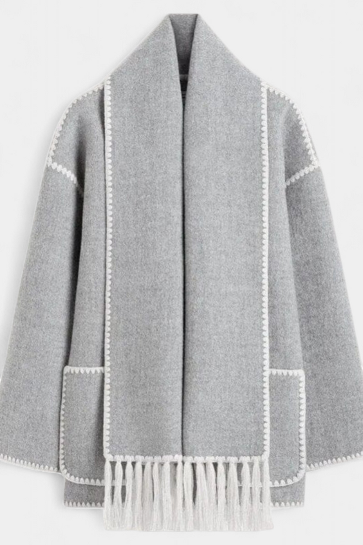 Wool Blend Coat with Fringe Trim Scarf for women — view 10 — Moraine Fashion