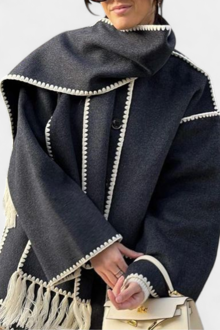 Wool Blend Coat with Fringe Trim Scarf for women — view 18 — Moraine Fashion