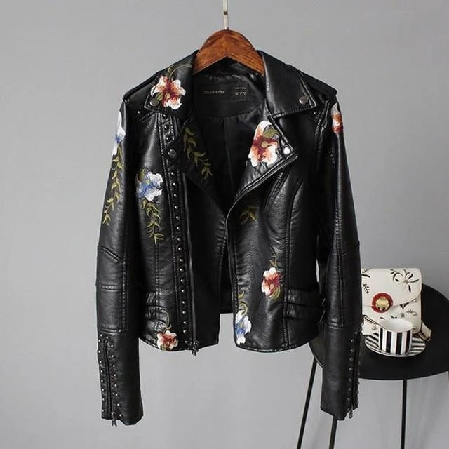 Black Leather Jacket with Floral Detail for women — view 2 — Moraine Fashion