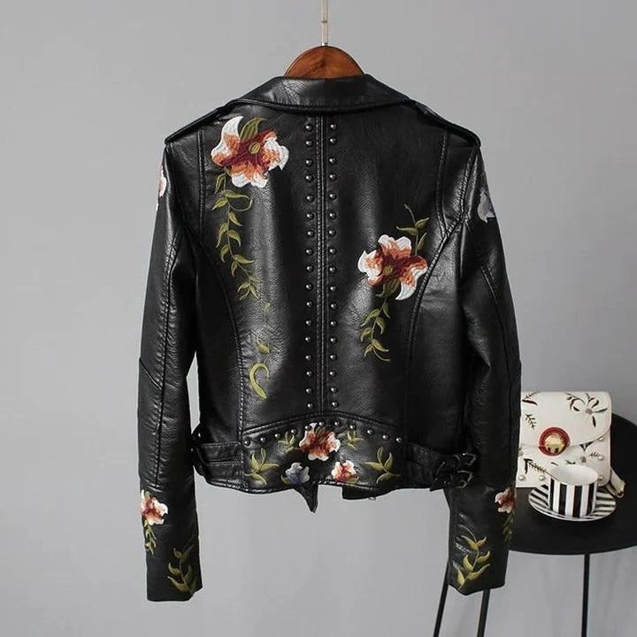 Black Leather Jacket with Floral Detail for women — view 5 — Moraine Fashion