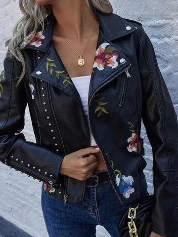 Black Leather Jacket with Floral Detail for women — view 6 — Moraine Fashion