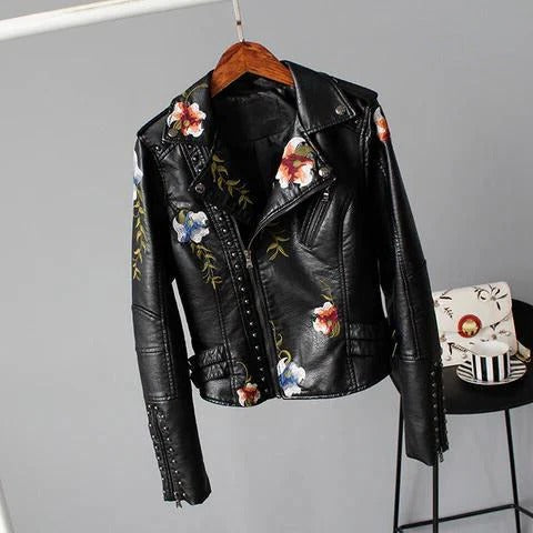 Black Leather Jacket with Floral Detail for women — view 7 — Moraine Fashion