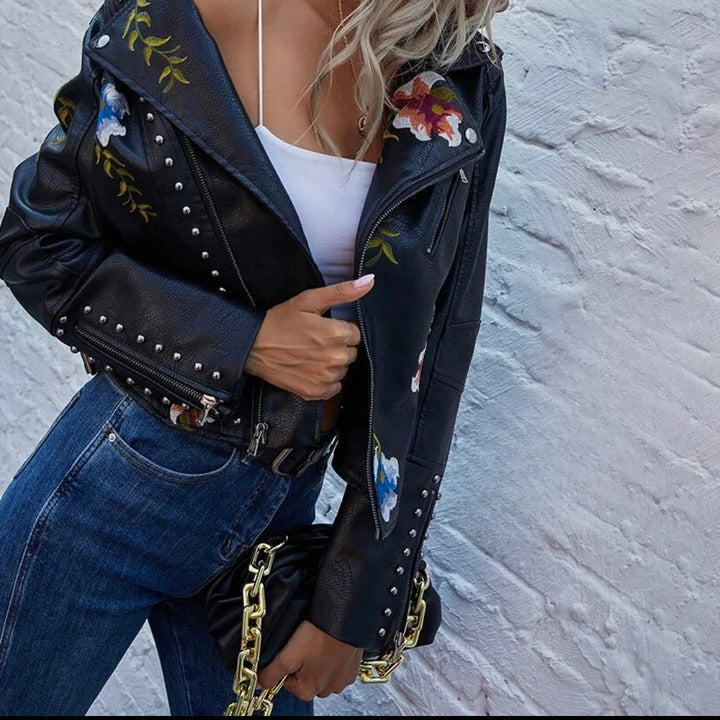 Black Leather Jacket with Floral Detail for women — view 8 — Moraine Fashion