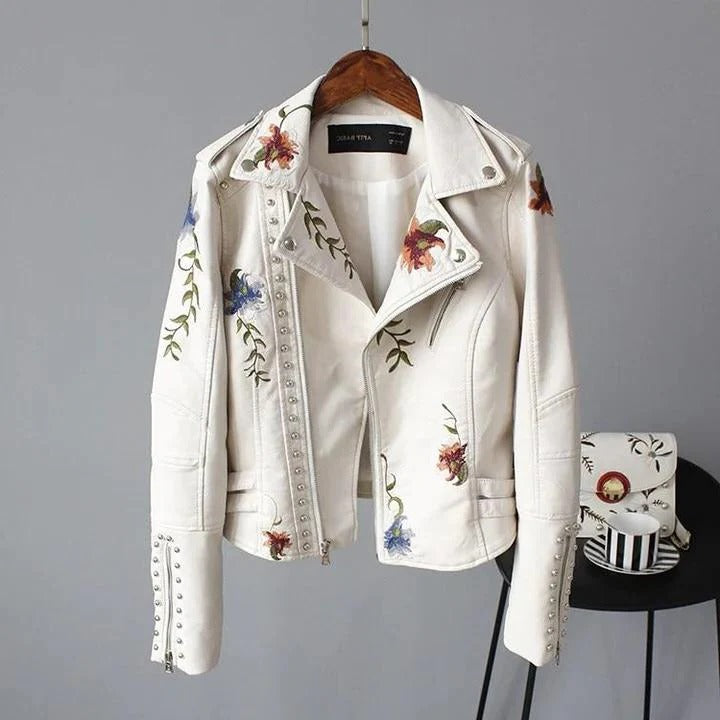 Black Leather Jacket with Floral Detail for women — view 3 — Moraine Fashion