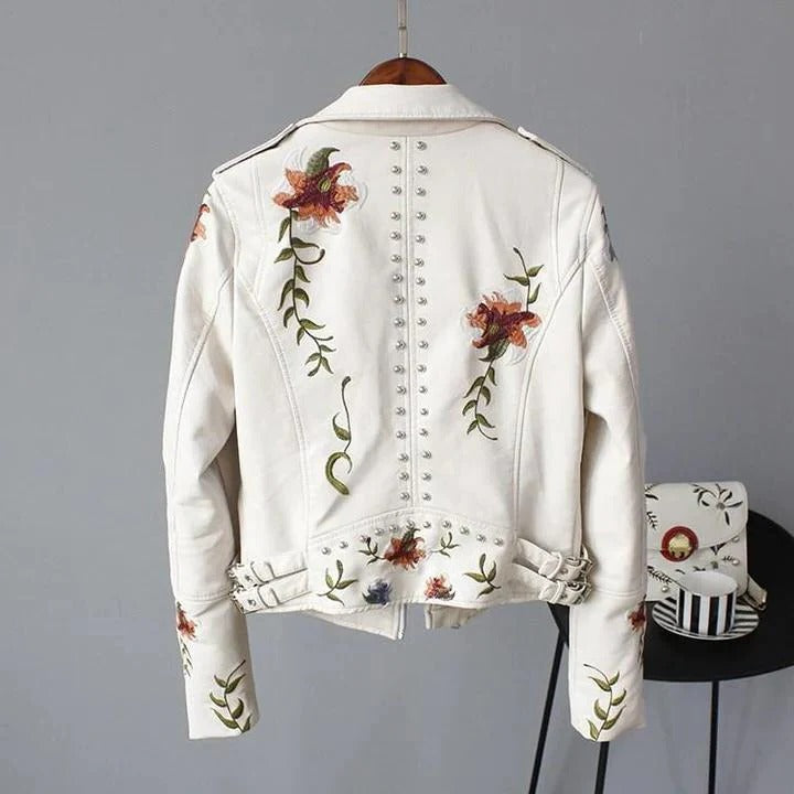 Black Leather Jacket with Floral Detail for women — view 9 — Moraine Fashion