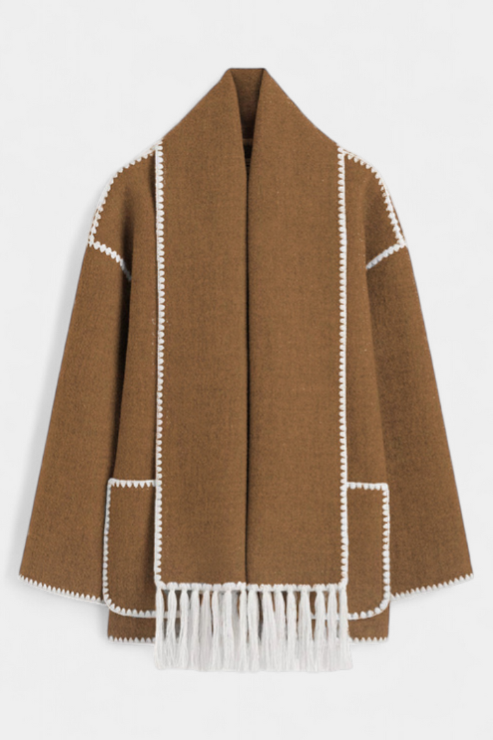Wool Blend Coat with Fringe Trim Scarf for women — view 17 — Moraine Fashion