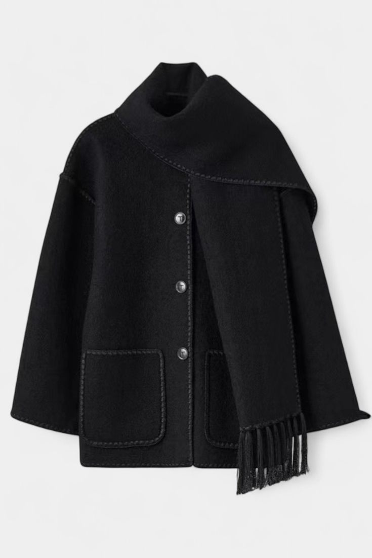 Wool Blend Coat with Fringe Trim Scarf for women — view 6 — Moraine Fashion