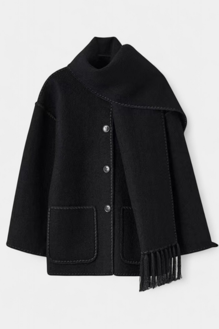 Wool Blend Coat with Fringe Trim Scarf for women — view 6 — Moraine Fashion
