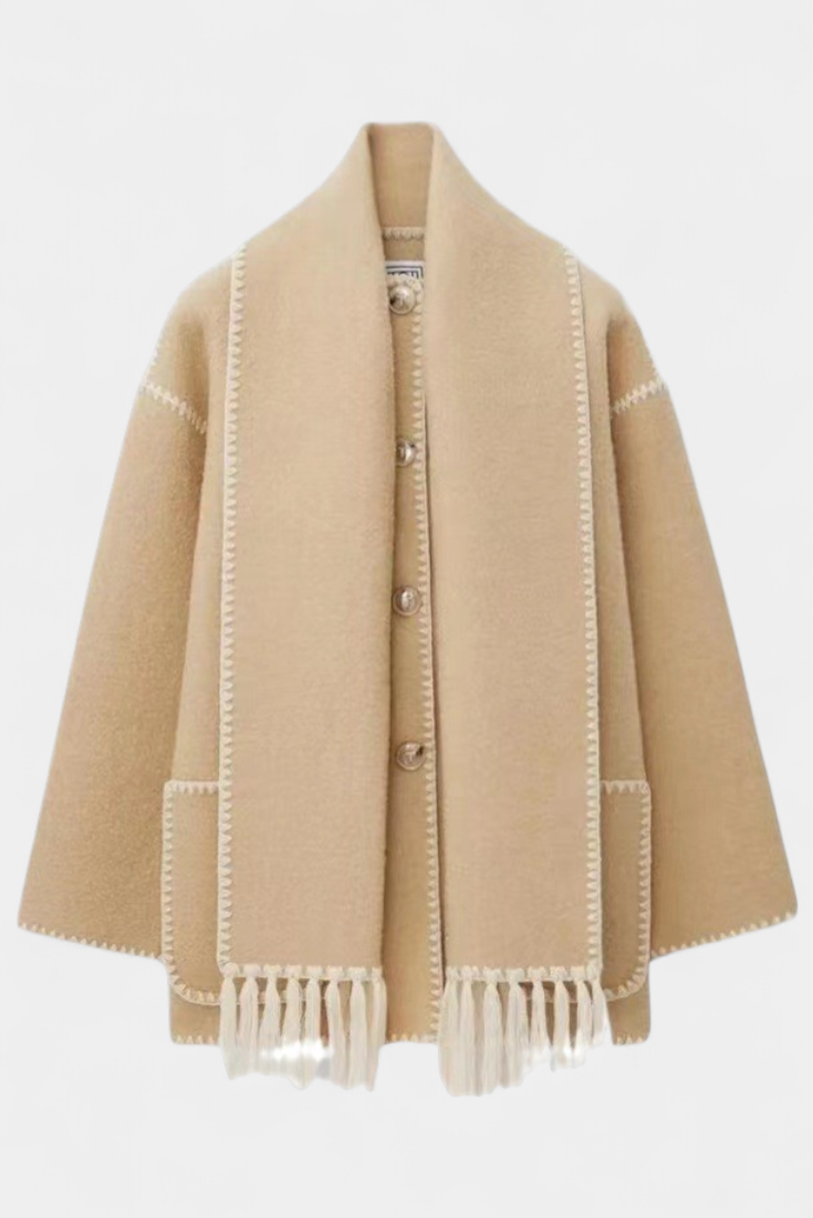 Wool Blend Coat with Fringe Trim Scarf for women — view 4 — Moraine Fashion