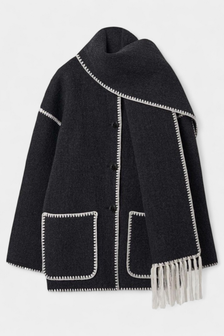 Wool Blend Coat with Fringe Trim Scarf for women — view 11 — Moraine Fashion
