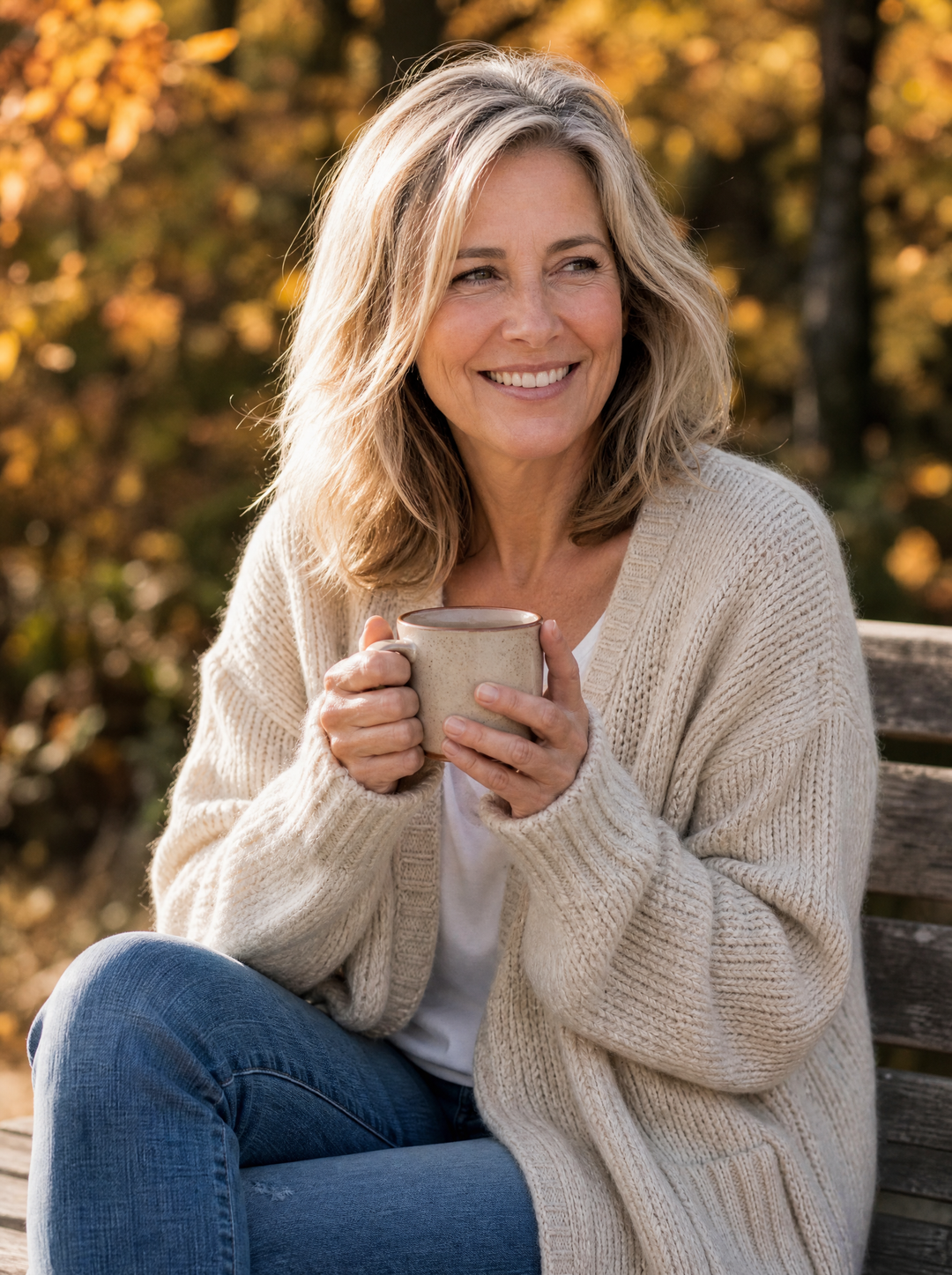 Moraine Fashion about section - woman wearing cream cardigan outdoors