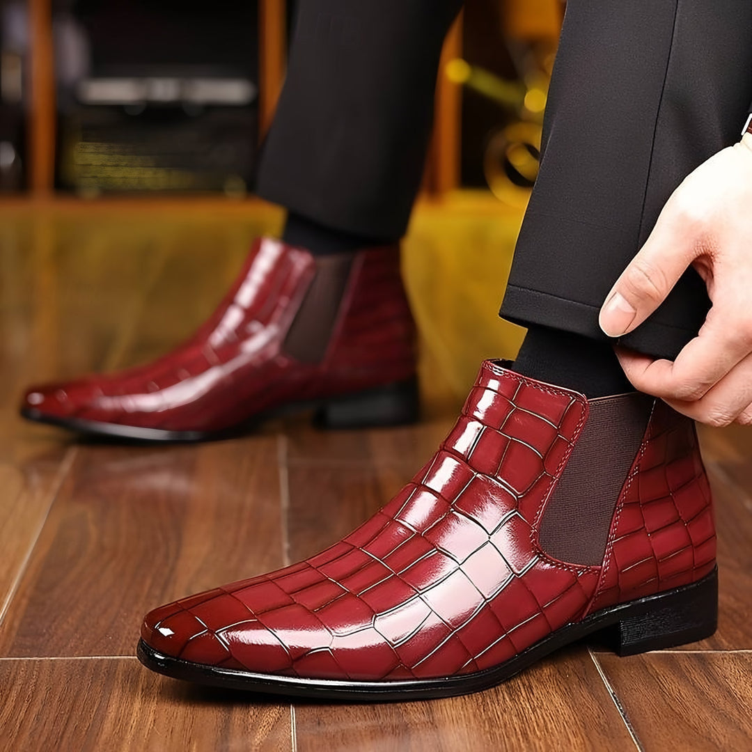 Patent Croc Chelsea Boots for Men — Ambrose, Wine Red