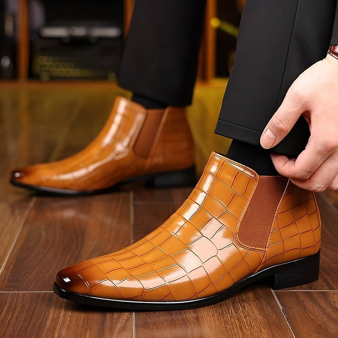 Patent Croc Chelsea Boots for Men — Ambrose, Camel