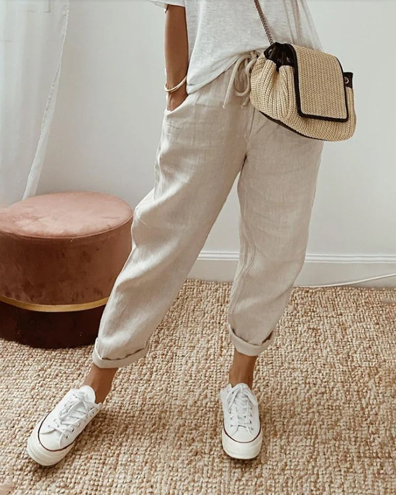 Tapered Linen Trousers with Pockets for Women in beige
