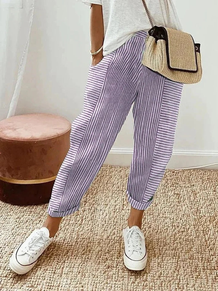 Tapered Linen Trousers with Pockets for Women in purple / white