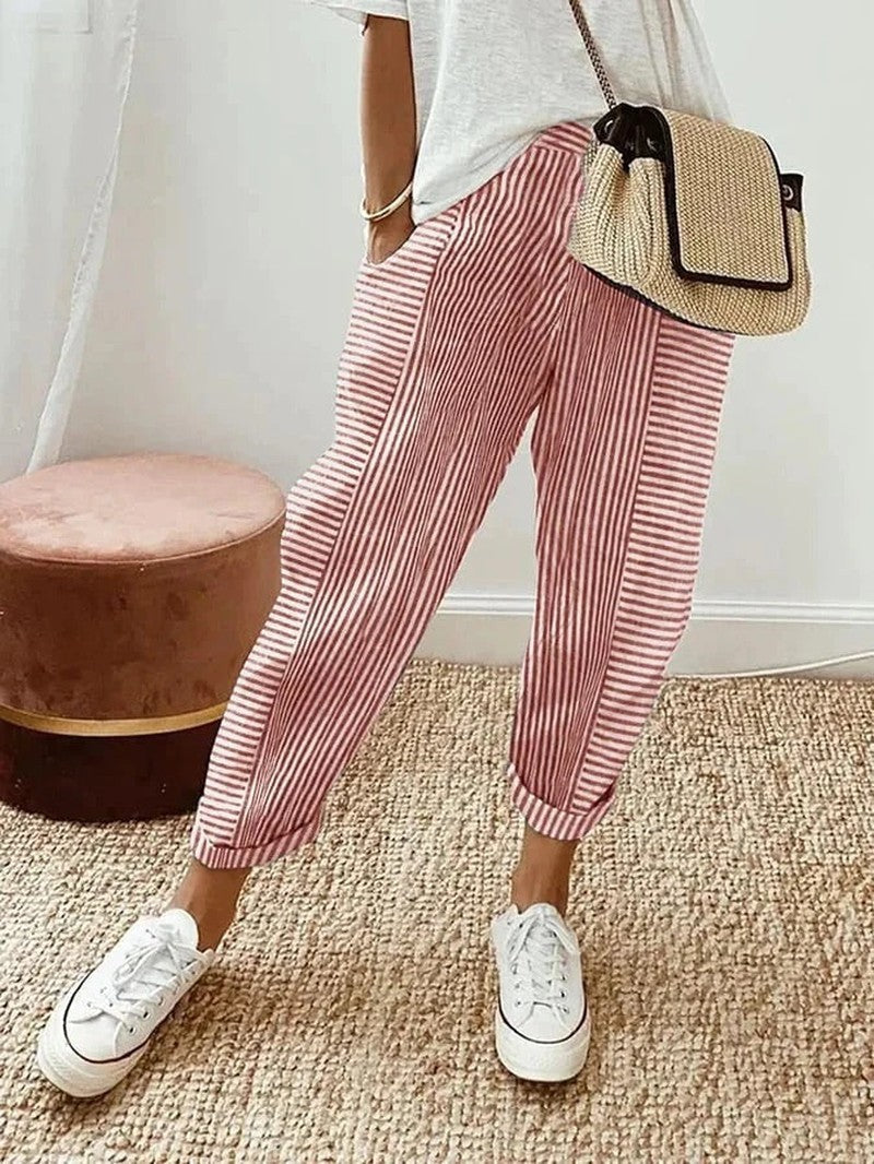 Tapered Linen Trousers with Pockets for Women in red / white