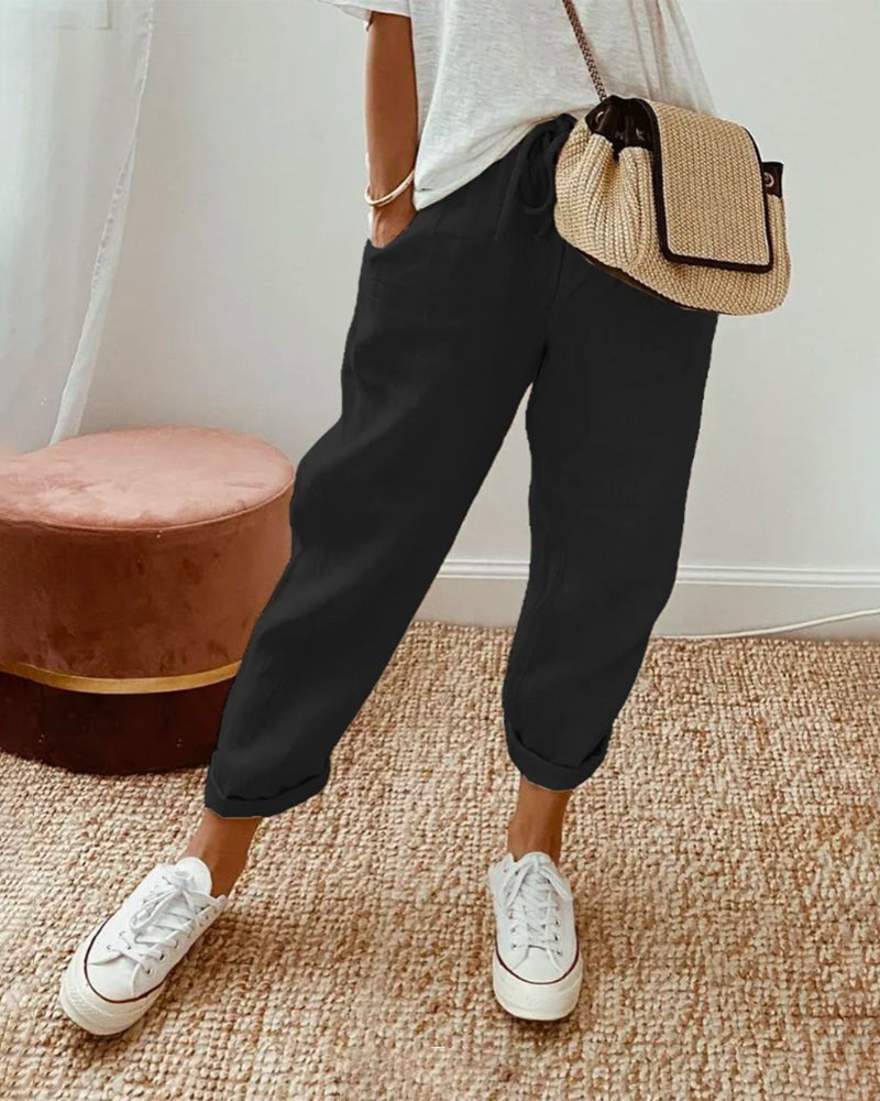 Tapered Linen Trousers with Pockets for Women in black