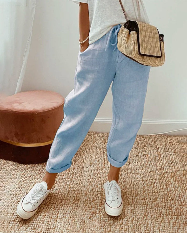 Tapered Linen Trousers with Pockets for Women in blue