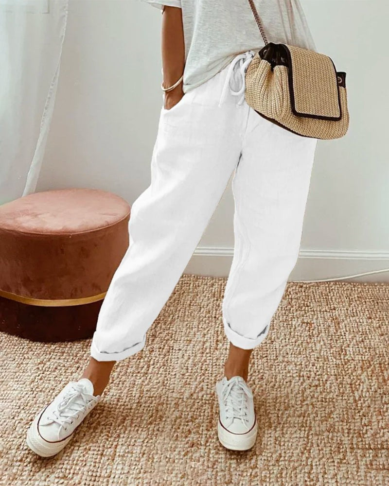 Tapered Linen Trousers with Pockets for Women in white