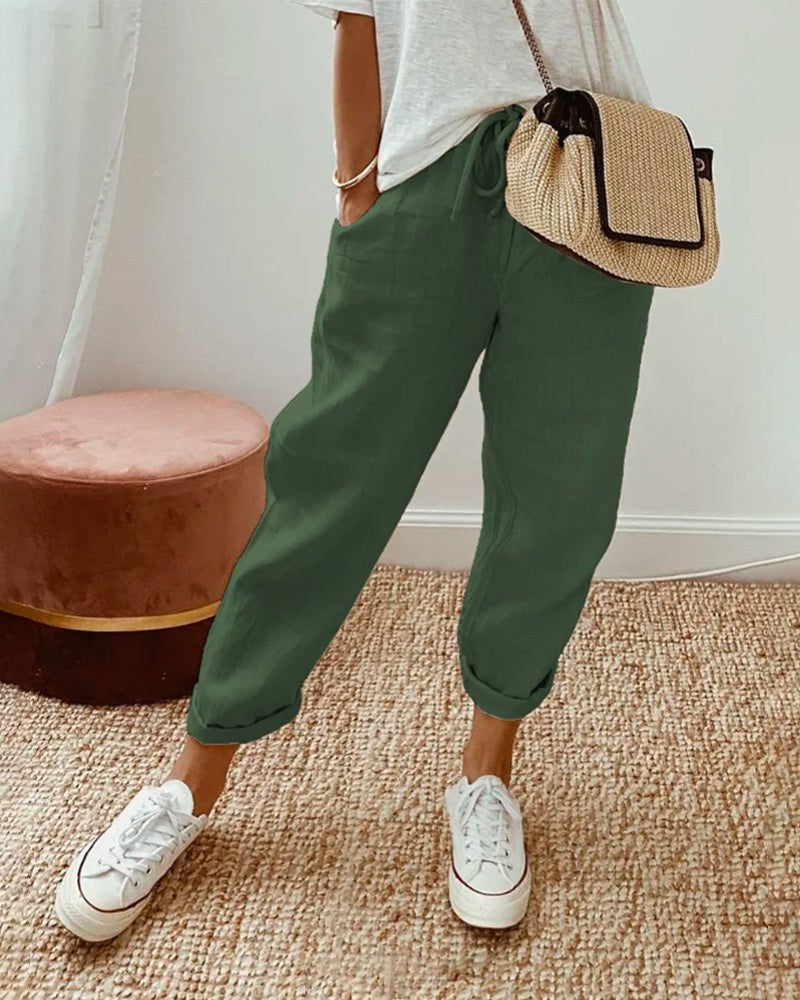 Tapered Linen Trousers with Pockets for Women in green